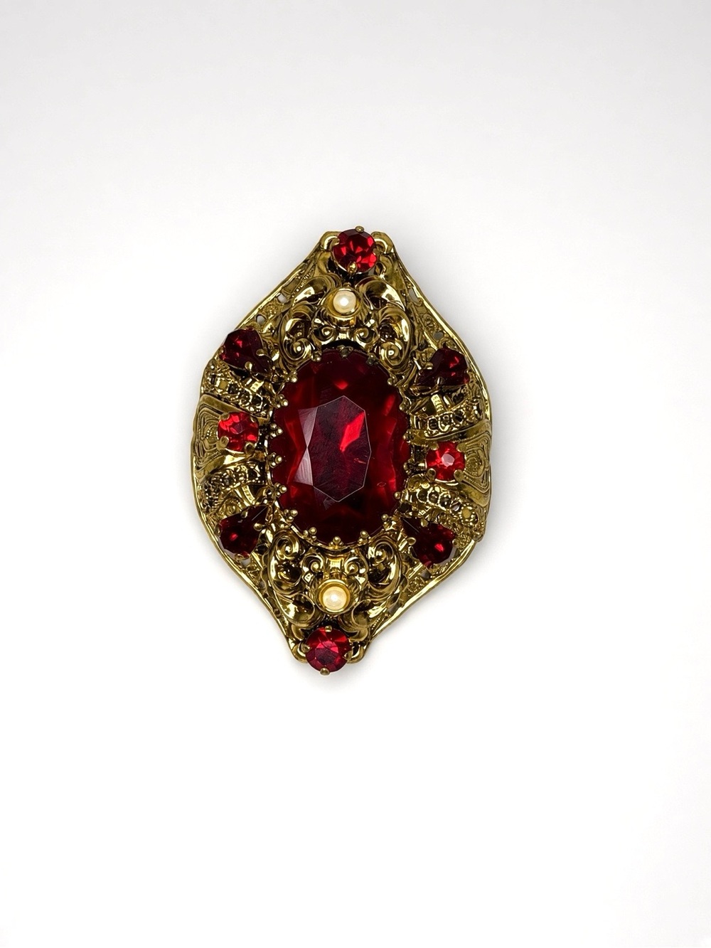 Vintage 1960s German Gold Filigree Red Rhinestone Pearl Brooch
